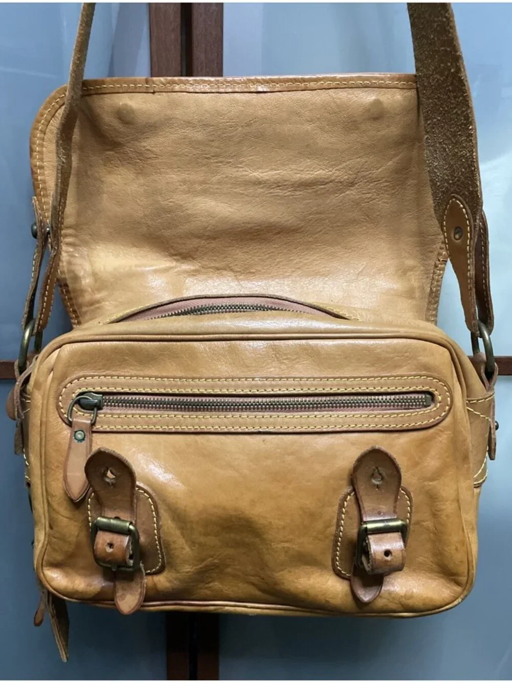 Polo Ralph Lauren Vintage 90s Leather Messenger Shoulder Bag Yellow Stitching
